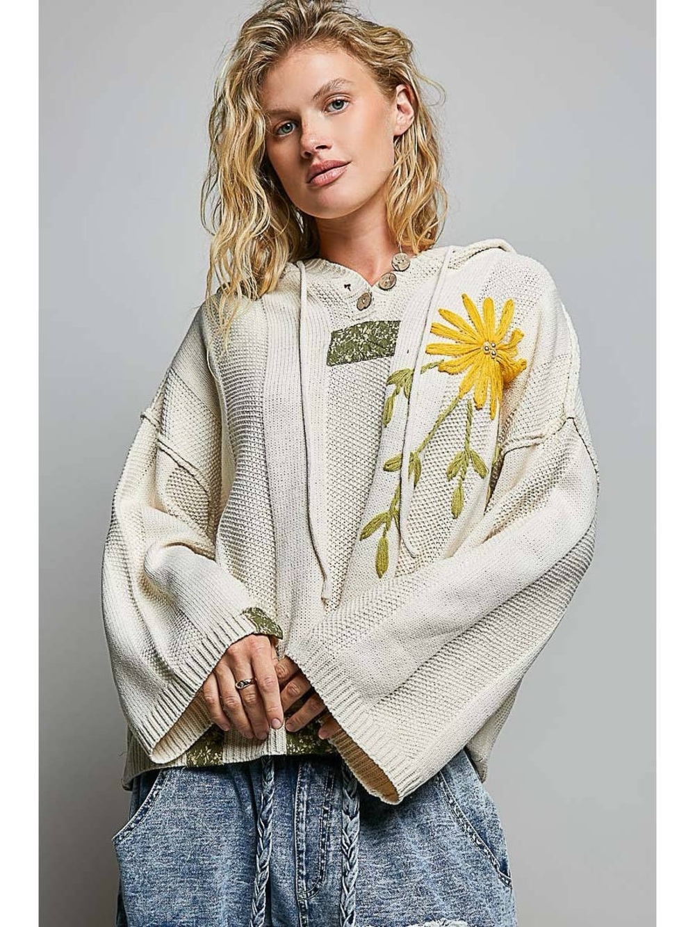POL Cream Sunflower Embroidered Oversized Knit Boho Hoodie - Picture 2 of 8